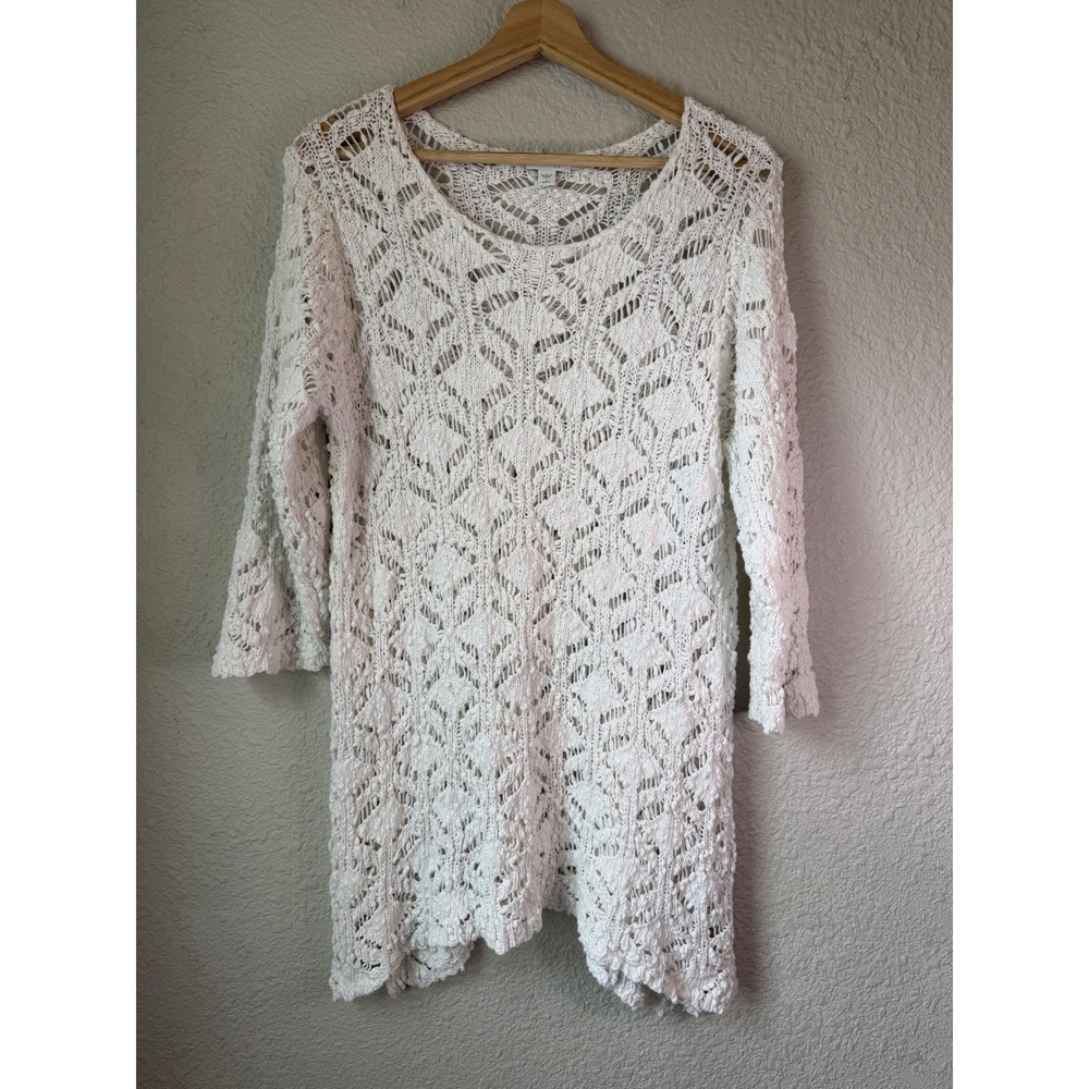 J Jill White Crochet Knit Tunic Sweater Size Large Boho Beach Coverup